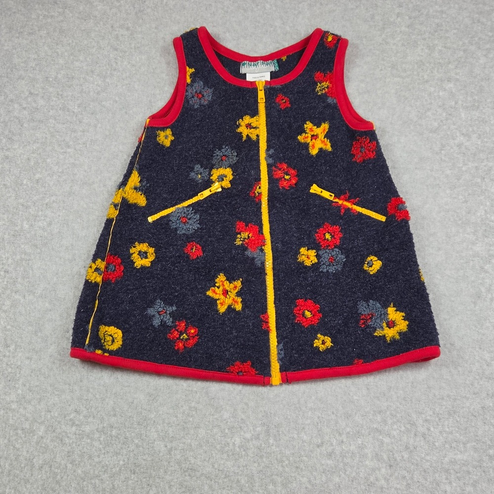 Naf Naf Enfant Girls Navy Blue Floral Zip Front Jumper Dress Made in France 2Y